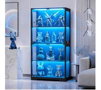 Vitrine en Verre Noir LED, Présentoir Salon pour Figurines &Collections, 4 Étagères, Éclairage Intelligent à Détection de Mouvement