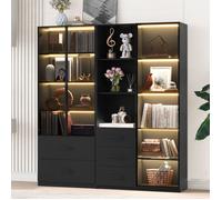 Vitrine en Verre pour Collection 140×40×160 cm, Meuble Rangement Salon avec Tiroirs Bibliothèque Vitrée,Vaisselier Vitrine LED, Noir