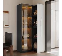 Vitrine en Verre pour Collection, Armoire Salon Modernes avec Portes et Tiroirs Latéral, Vaisselier Vitrine LED, Blanc & Noir
