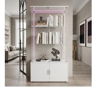 Vitrine en Verre Trempé, avec Bande LED, 3 Étagères avec Armoire Basse, 2 Fonction, Meuble Vitrine avec Serrure, Blanc, pour Salon