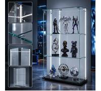 Vitrine en verre trempé avec bande LED,Meuble de collection avec plinthe noire,Armoire vitrine avec 2 Porte 3 étagères pour salon