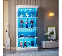 Vitrine en Verre Trempé Blanc, 4 Portes 4 Étagères, Présentoir pour Figurines, Éclairage LED USB Détection Mouvement, Salon, Chambre
