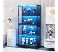 Vitrine en Verre Trempé Noir, 4 Portes et 4 Étagères, Présentoir pour Figurines, Éclairage LED Détection de Mouvement, Salon/Chambre