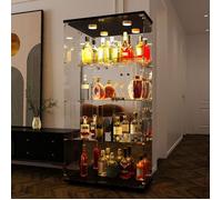 Vitrine en verre trempé noir,armoire de collection transparente，2 porte et 4 couche avec lampe toucher et panneau arrière en miroir