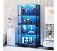 Vitrine en verre trempé noir, meuble de collection 4 porte et 4 étagère avec éclairage LED réglable, convenant aux salon et chambre