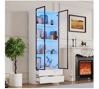 Vitrine haute 80 x 34 x 200 cm avec LED, 2 portes vitrées, 2 tiroirs, cadre en aluminium, blanc