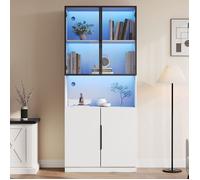 Vitrine Haute Blanche 80x30x200 cm avec Portes en Verre et LED, Bibliothèque Meuble de rangement LED