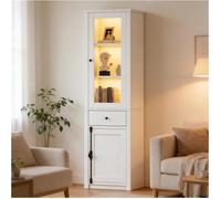 Vitrine Haute Blanche avec LED, 1 Tiroir et 2 Portes, Armoire de Rangement avec Porte Vitrée pour Salon