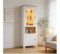 Vitrine Haute Blanche et Bois avec LED, 2 Portes, Étagères Réglables, Meuble de Rangement pour Salon 70 x 40 x 188 cm