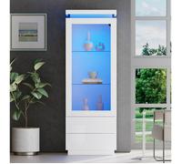 Vitrine haute blanche laquée brillante 60 x 40 x 171 cm avec LED, 1 porte acrylique transparente et 2 tiroirs