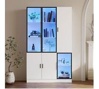 Vitrine haute en verre avec éclairage LED - SENVIRO - bibliothèque 120x35x200 cm blanche avec portes vitrées cadre aluminium