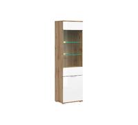 Vitrine haute en verre trempé à 2 portes avec éclairage LED coloris Chêne wotan/Blanc brillant - Longueur 56 x Profondeur 41 x Hauteur 195 cm