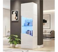 Vitrine haute LED 50 x 35 x 165 cm, meuble de rangement brillant avec zone vitrée, design ondulé concave, blanc
