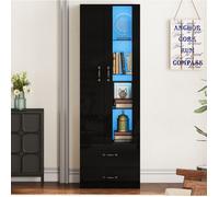 Vitrine haute LED 59.5x35x182.5 cm avec porte acrylique + porte panneau et 2 tiroirs, bois noir