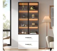 Vitrine Haute LED 60 x 40 x 160 cm avec Portes en Verre Trempé et 2 Tiroirs, Bibliothèque Moderne à Éclairage Multicolore
