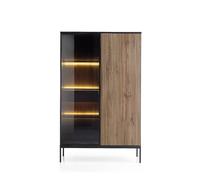 Vitrine haute moderne à façade cannelée, 104 × 166 × 39 cm, Noir / Chêne Wotan