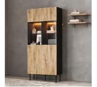 Vitrine haute noire et bois naturel 10 niches LED H180 cm - Style moderne