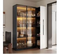 Vitrine LED 160 cm Blanc et Noir Meuble Haut Multifonction avec Porte Vitrée, Tiroirs Latéraux et Armoire aux Roulettes