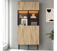 Vitrine LED 80x35x180 cm avec 2 portes vitrées, 10 compartiments, étagère réglable en verre trempé, MDF, bois naturel et noir