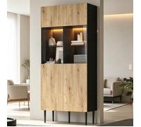 Vitrine LED 80x35x180 cm avec 2 portes vitrées, 10 compartiments, étagère réglable en verre trempé, MDF, naturel et noir