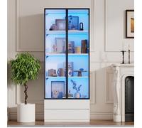 Vitrine LED avec 2 Tiroirs et 2 Portes, Bibliothèque Contemporaine et Meuble de Rangement, 80×34×200 cm, Blanc