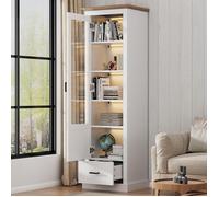 Vitrine LED blanc mate de 178 cm avec port USB télécommande 16 couleurs avec tiroir MDF armoire de présentation à 5 compartiments