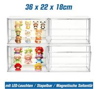 Vitrine LED en acrylique, dimensions 36 x 22 x 18 cm, avec 3 niveaux, boîte acrylique transparente et empilable, avec porte magnétique. Boîte de présentation et de rangement pour figurines et jouets