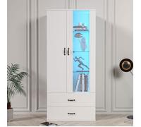 Vitrine LED Meuble de Rangement Moderne Blanche 180 cm avec 2 Portes, 2 Tiroirs et Étagères en Verre pour Salon ou Salle à Manger