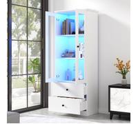 Vitrine LED moderne blanc mat hauteur 165 cm avec prise USB, télécommande 16 couleurs, vitrine en verre avec 2 tiroirs, vitrine