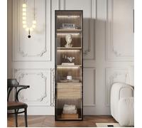 Vitrine Meuble Salon - Effet Bois - avec Éclairage LED - Porte en Verre et Grand Tiroir - Colonne Salle de Bain