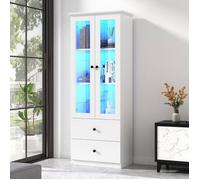 Vitrine moderne à LED blanc mat hauteur 165 cm avec port USB télécommande 16 couleurs avec 2 tiroirs étagères réglables Bla VITRINE