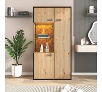 Vitrine moderne avec éclairage LED, étagères polyvalentes, grand espace de rangement, plateau en verre, Bois naturel