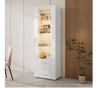 Vitrine moderne en verre avec LED | Blanc brillante, 3 tiroirs, rangement vertical 60x35x180cm
