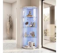 Vitrine moderne en verre - Vitrine en verre - Blanc - Vitrine d'angle étroite - Vitrine en verre avec serrure - Armoire en verre avec serrure - 1 porte et 4 niveaux - Barre lumineuse LED A