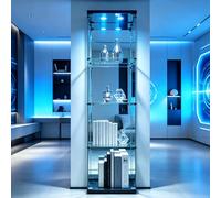 Vitrine moderne en verre - Vitrine en verre - Blanc - Vitrine d'angle étroite - Vitrine en verre avec serrure - Armoire en verre avec serrure - 1 porte - 4 niveaux - Miroir LED