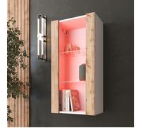 Vitrine Murale Armoire Komodee TIVOLI - LED RVB - Bois naturel et Blanc - Facades en Mat - 50 x 100 x 29 cm