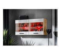 Vitrine Murale Komodee SAVONA - LED RVB - Blanc Brillant et Bois Naturel - Facades Brillant - 100 x 50 x 30 cm