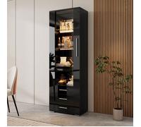 Vitrine noir brillante, vitrine en verre, vitrine sur pied avec éclairage LED, vitrine verticale avec 3 tiroirs, 60 x 35 x 180 cm