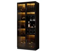 Vitrine noire 60x36x160 cm, 2 portes en verre, LED App, range-vin | Range-vin et porte-verres intégrés : protégez bouteilles et verres de la poussière, finition moderne et robuste.