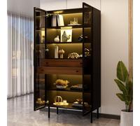 Vitrine noire 70x36x170 cm, 2 portes en verre, 2 tiroirs, LED App | Multi-niveaux anti-poussière, charnières douces, finition élégante, idéale salon.