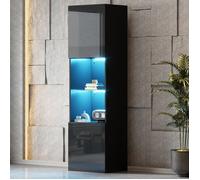 Vitrine noire brillante avec éclairage LED, meuble de rangement pour salon, hauteur 160 cm, design minimaliste moderne, noir.