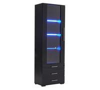 Vitrine noire brillante LED 180 cm avec portes vitrées et 3 tiroirs, meuble d’exposition moderne pour salon