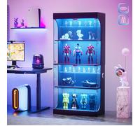 Vitrine pour Collection en Verre avec LED, USB C/A, 4 Portes Push-to-Open, Meuble Vitrine Noir pour Chambre, Étagères, Lego, 165 cm