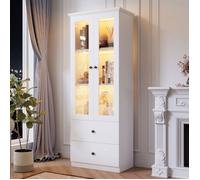 Vitrine salle à manger 165 cm, rangement tiroirs Buffet salon, portes vitrées étagères ajustables, LED USB blanc mat MDF