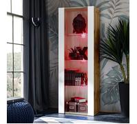 Vitrine Salon Armoire Komodee TIVOLI - LED RVB - Blanc et Bois naturel - 55 x 159 x 35 cm