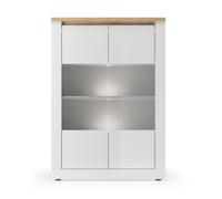 Vitrine SASHA - 2 portes vitrées +3 étagères avec LED intégrée - Blanc laqué et Chêne Cadiz