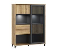 Vitrine SOUTH BEACH - Finition Chene Mauvella / Gris Foncé - 3 Portes dont 2 Vitrées - 2 Tiroirs - 115,5 × 39,7 × 149,6 cm
