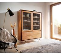 Vitrine Stonegrace 115x150 acacia nature 2 portes 4 tiroirs placage en pierre pieds en V