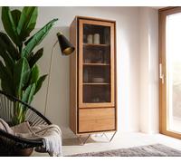 Vitrine Stonegrace 60x175 acacia nature 1portes 2 tiroirs placage en pierre pieds en V