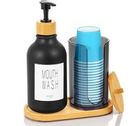VITVITI Distributeur de bain de bouche pour salle de bain, flacon à pompe avec porte-gobelet en papier, 481,9 g, récipient rechargeable noir avec couvercle en bambou/plateau/étiquette